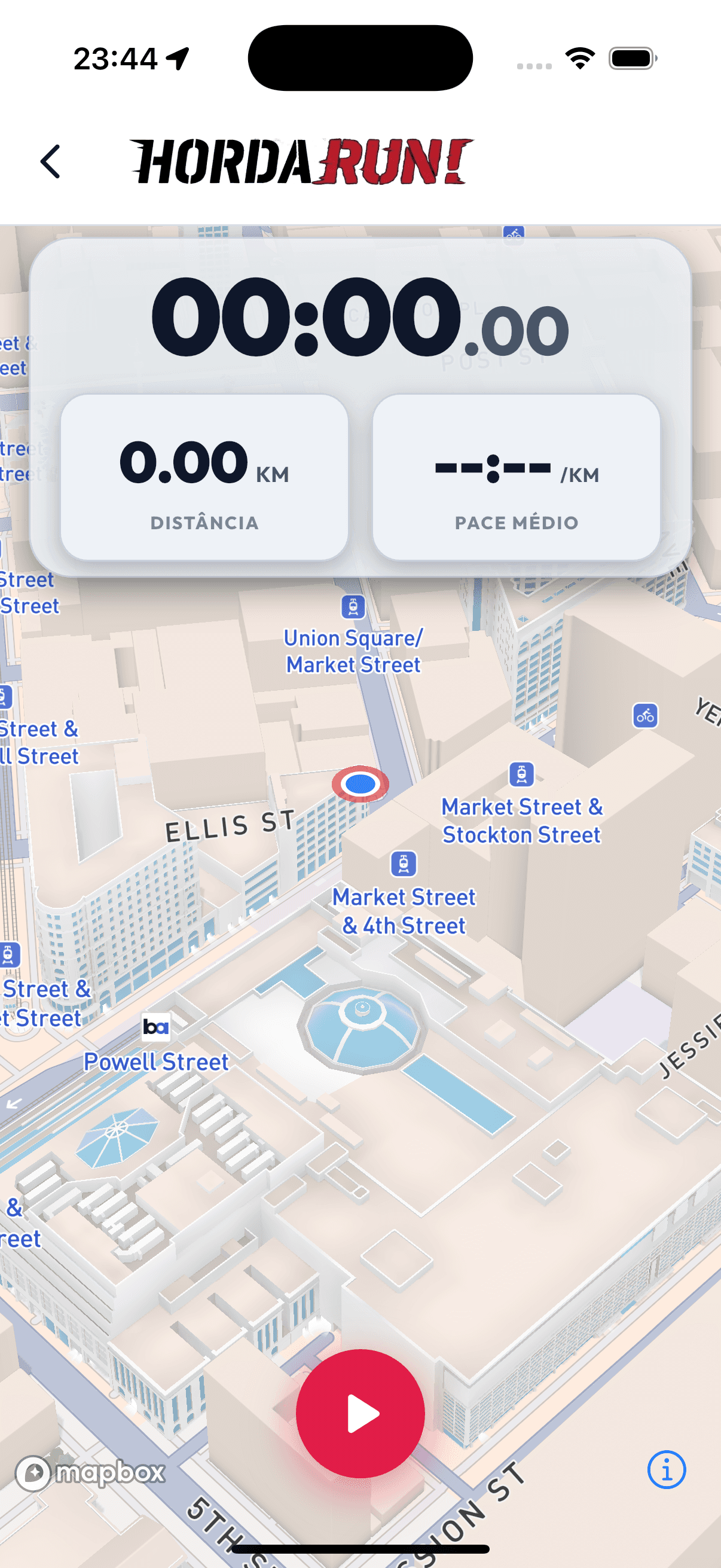 Tela de corrida livre do Horda Run com cronômetro, distância e pace médio sobre um mapa 3D e o botão de iniciar.