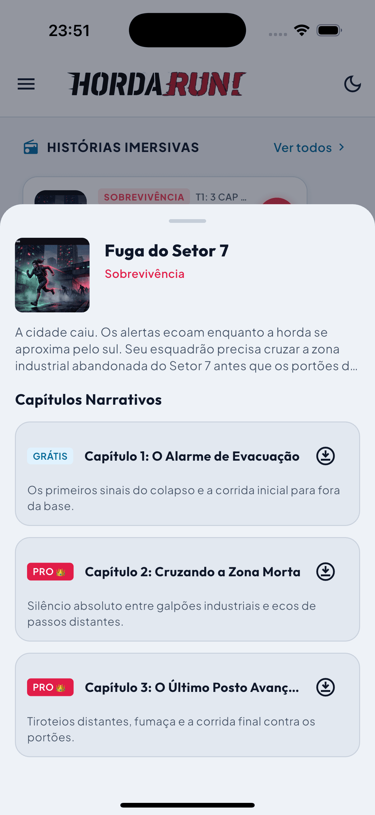 Tela do Horda Run com a história imersiva "Fuga do Setor 7" e seus capítulos narrativos