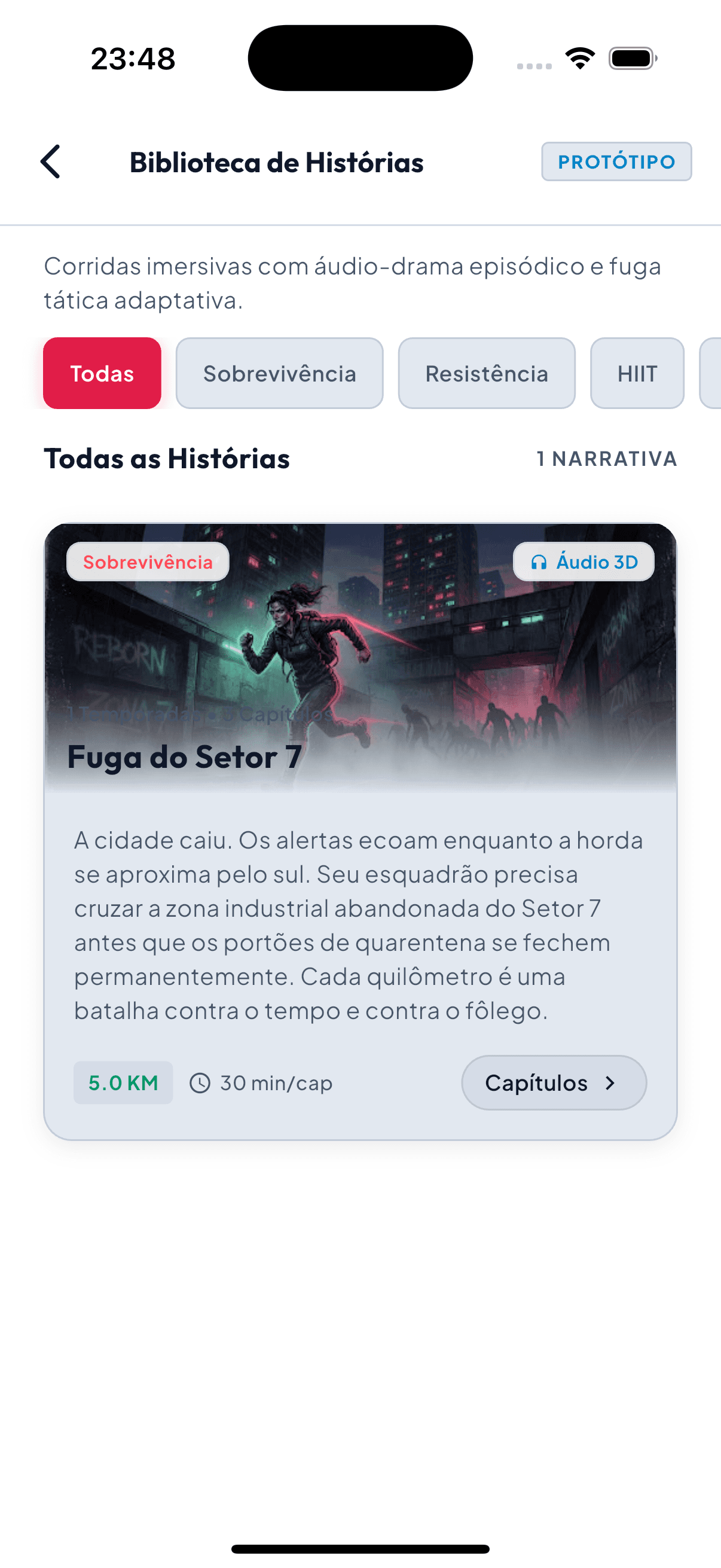 Tela da Biblioteca de Histórias do Horda Run com filtros Sobrevivência, Resistência e HIIT e o card da história Fuga do Setor 7, de 5 km e 30 minutos por capítulo.
