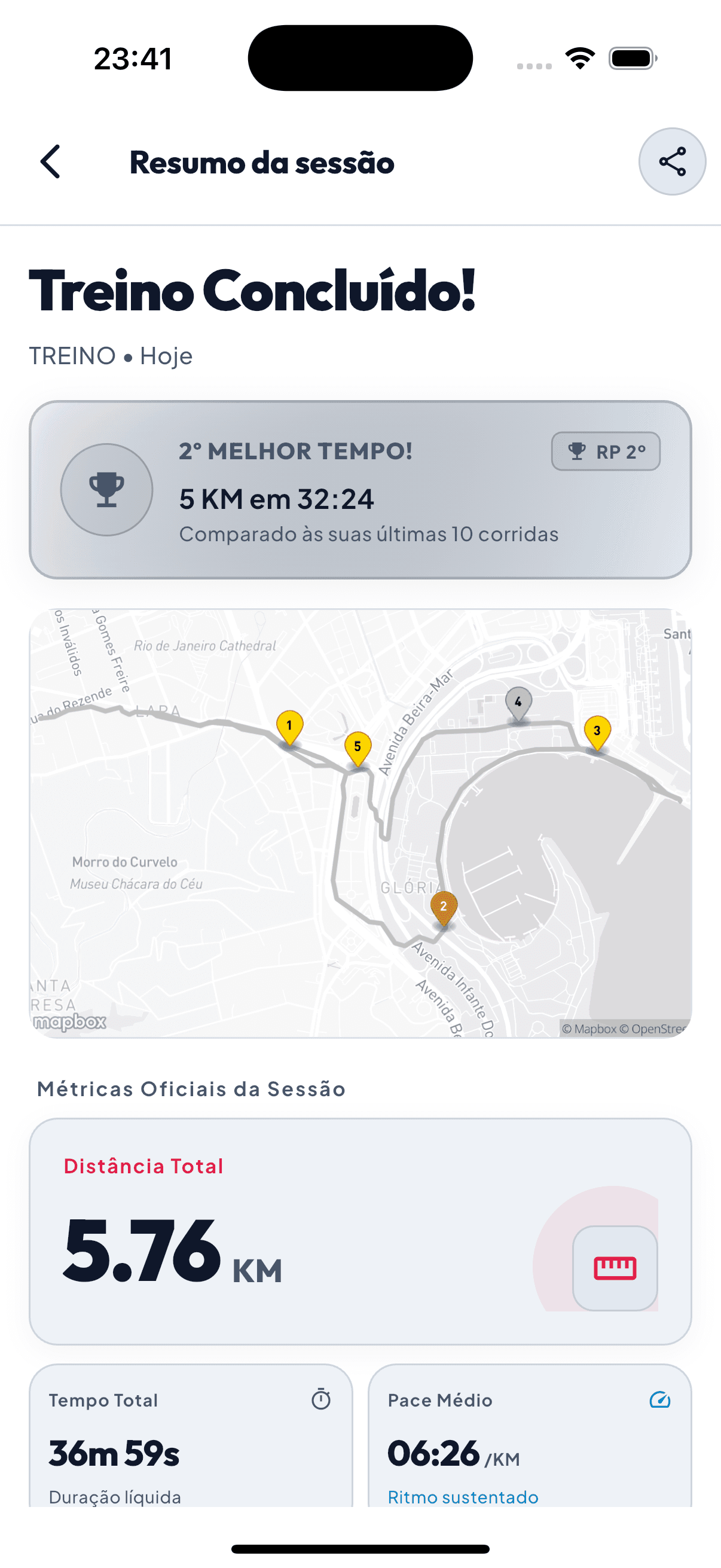 Tela Resumo da sessão do Horda Run: 2º melhor tempo nos 5 km, trajeto no mapa com marcadores por quilômetro e distância total de 5,76 km.